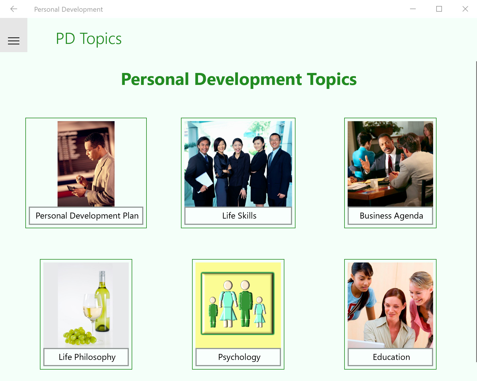 A screen shot of a page from the Personal Development App